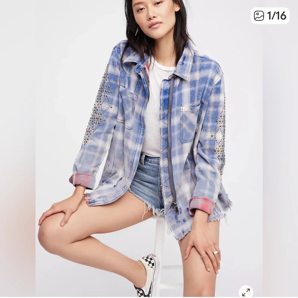 Free People Blue Plaid Deconstructed Shacket / Jacket Size Small - Picture 1 of 9